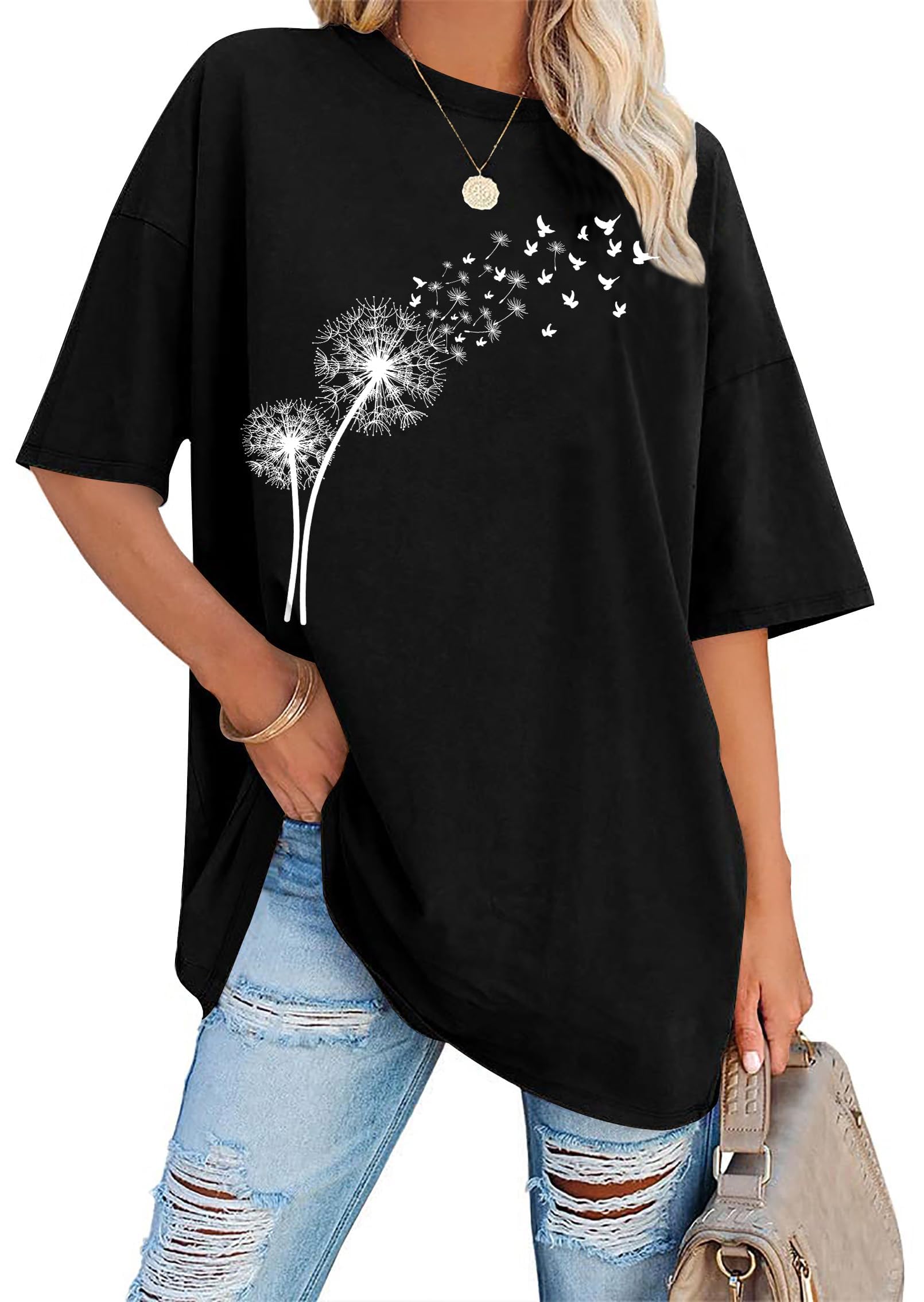 hohololo Oversize Shirt Damen Pusteblume Tshirt Sommer Oversize Breite Kurzarm