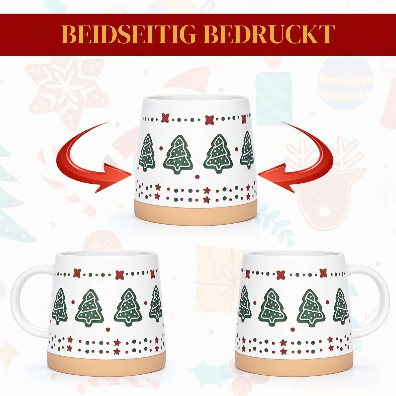 Joymaking Tasse Weihnachten Set Weihnachtsgeschenke für Frauen Freunde Kaffeetasse mit Weihnachtsbaum Schnee Lebkuchenmann Weihnachtstasse für heißen Kakao Glühwein, 400ml 4er Set Weihnachtstassen