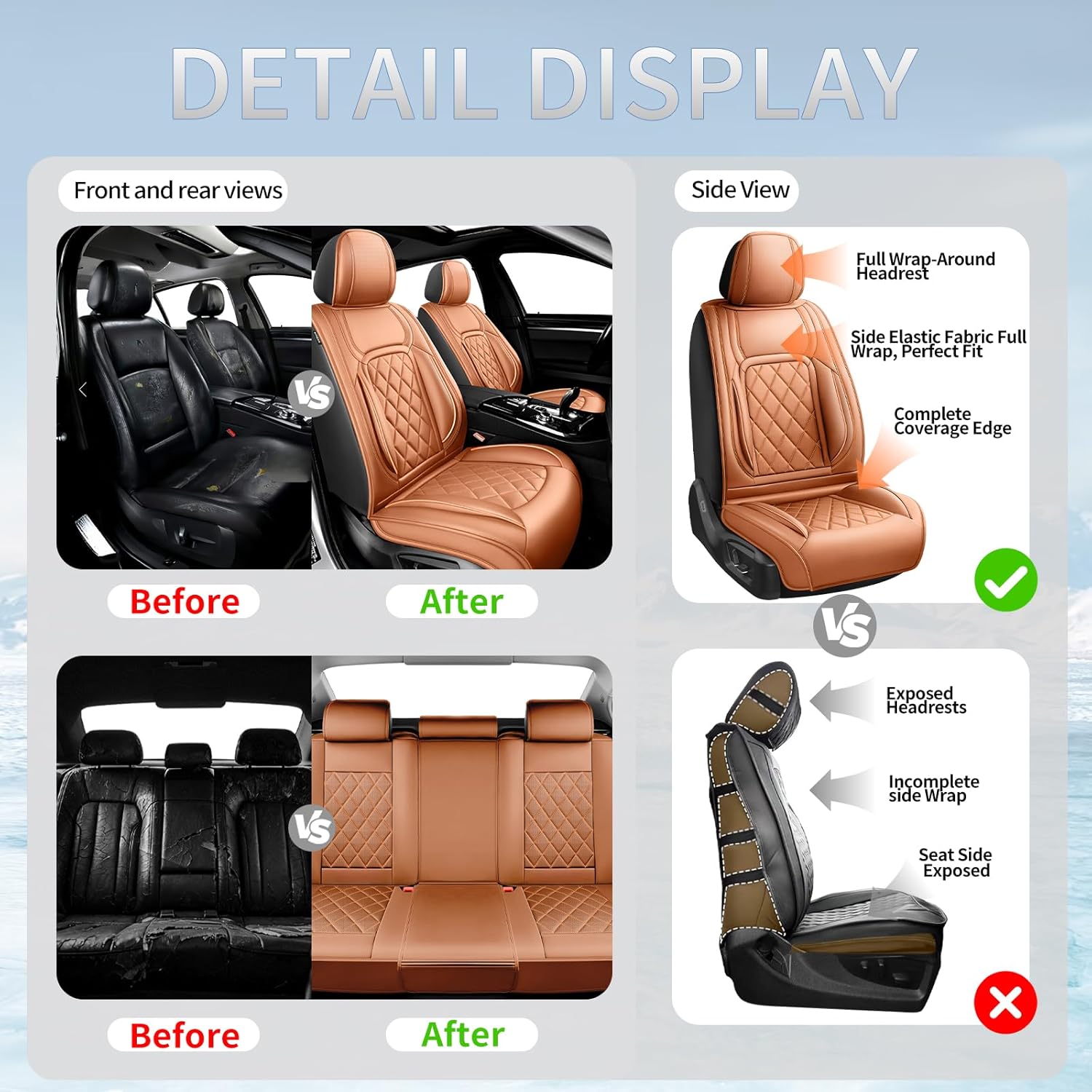 Fit Titan Premium Leather Car Seat Covers for Nissan Titan 2004-2025 2026 - Waterproof，Breathable，All-Weather Seat Cushion Protecto & Airbag Compatible, Full Set Brown