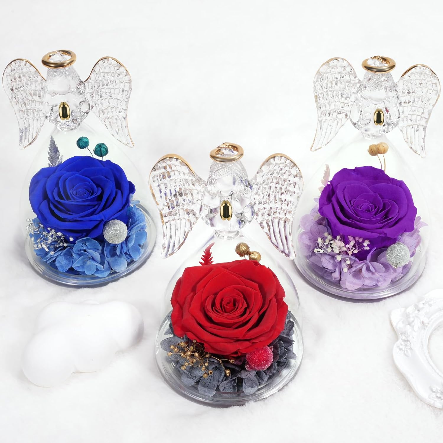 Miofula Preserved Flower Rose Birthday Gifts for Mom, Angel Figurines with Forever Real Rose Gifts for Her Mom Grandma, Angels Gifts for Mothers Day Christmas Anniversary Thanksgiving Birthday