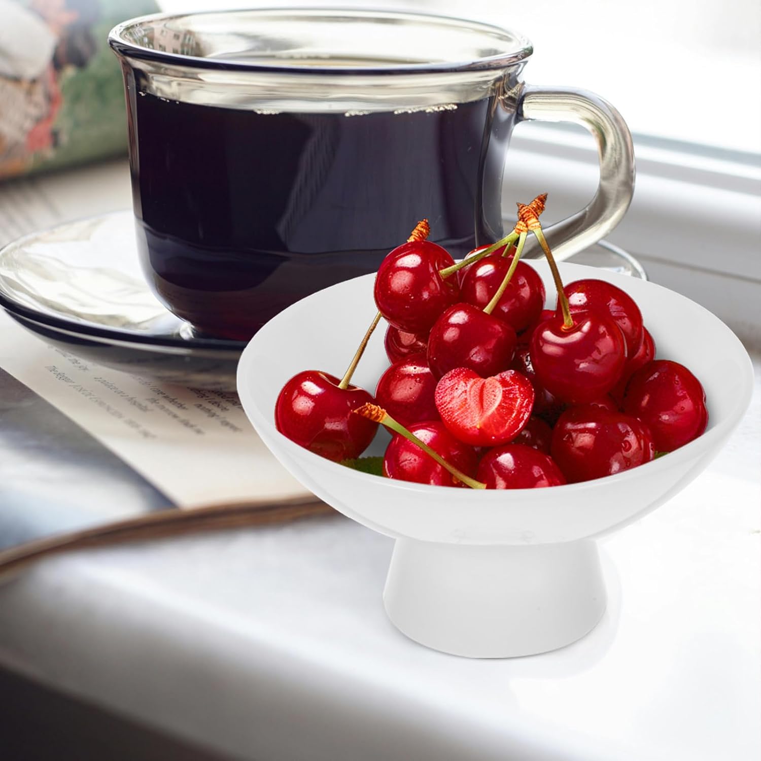 Gatuida 2pcs White Pedestal Bowls Fruit Plate Stand, Ceramic Footed Dessert Bowl Round Bowl Holder Tray Appetizer Plate for Home Decor and Party
