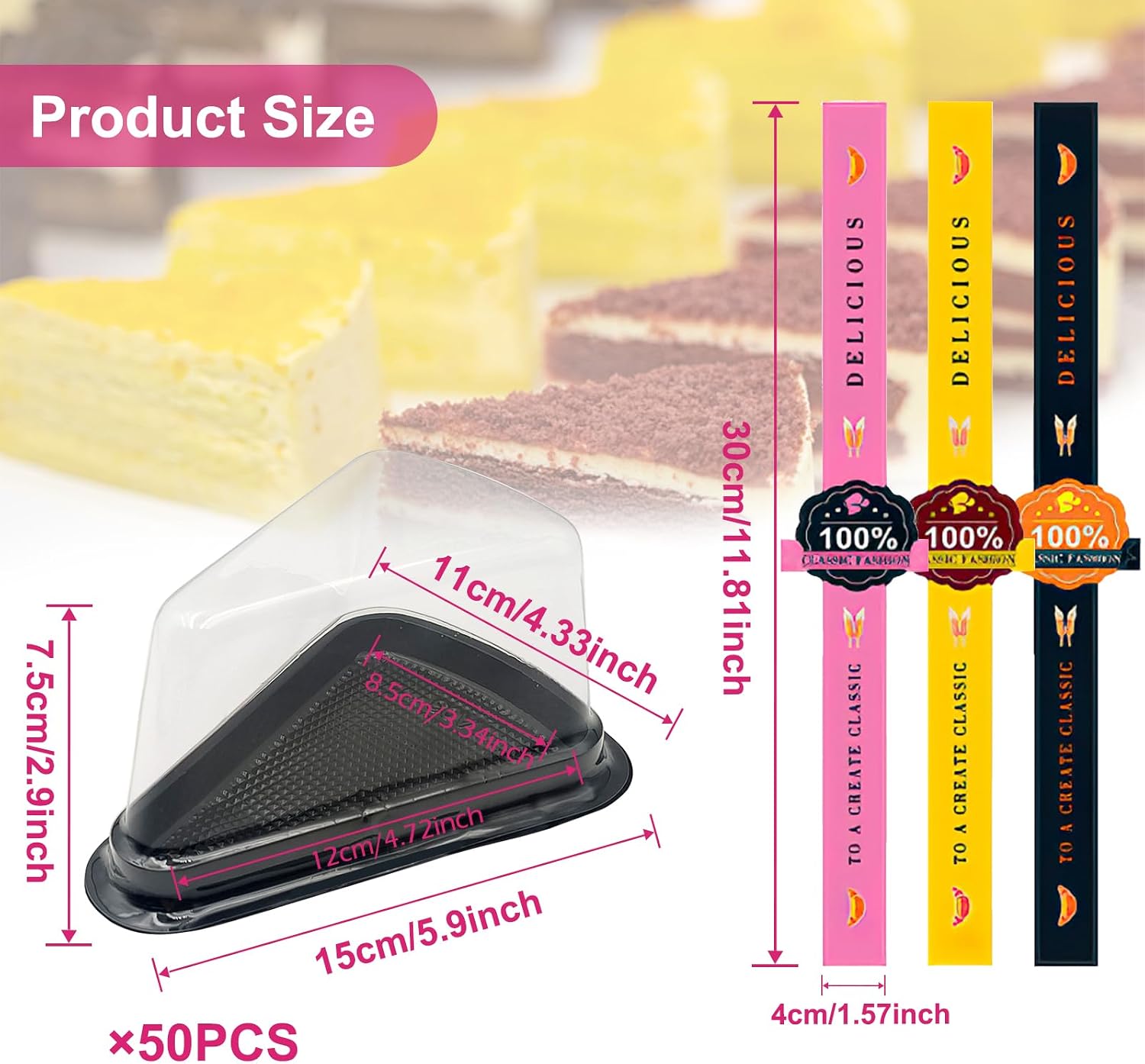 50 Pack Clear Cake Slice Containers Plastic Disposable Cake Containers Cheesecake Pie Boxes Clamshell Food Containers with Stickers Lid for Small Pies Dessert Bakery Take Out Packaging