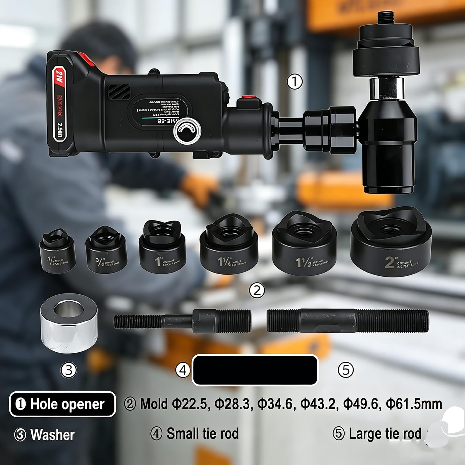 Kit Punzonadora Hidráulica Recargable, Máquina Punzonadora 80 Kn Con 6 Matrices (Φ22-60 Mm) Y Batería 21 V 2x2500 Mah, Herramienta Punzonado Hidráulico Carrera 22 Mm Alivio Presión Automático