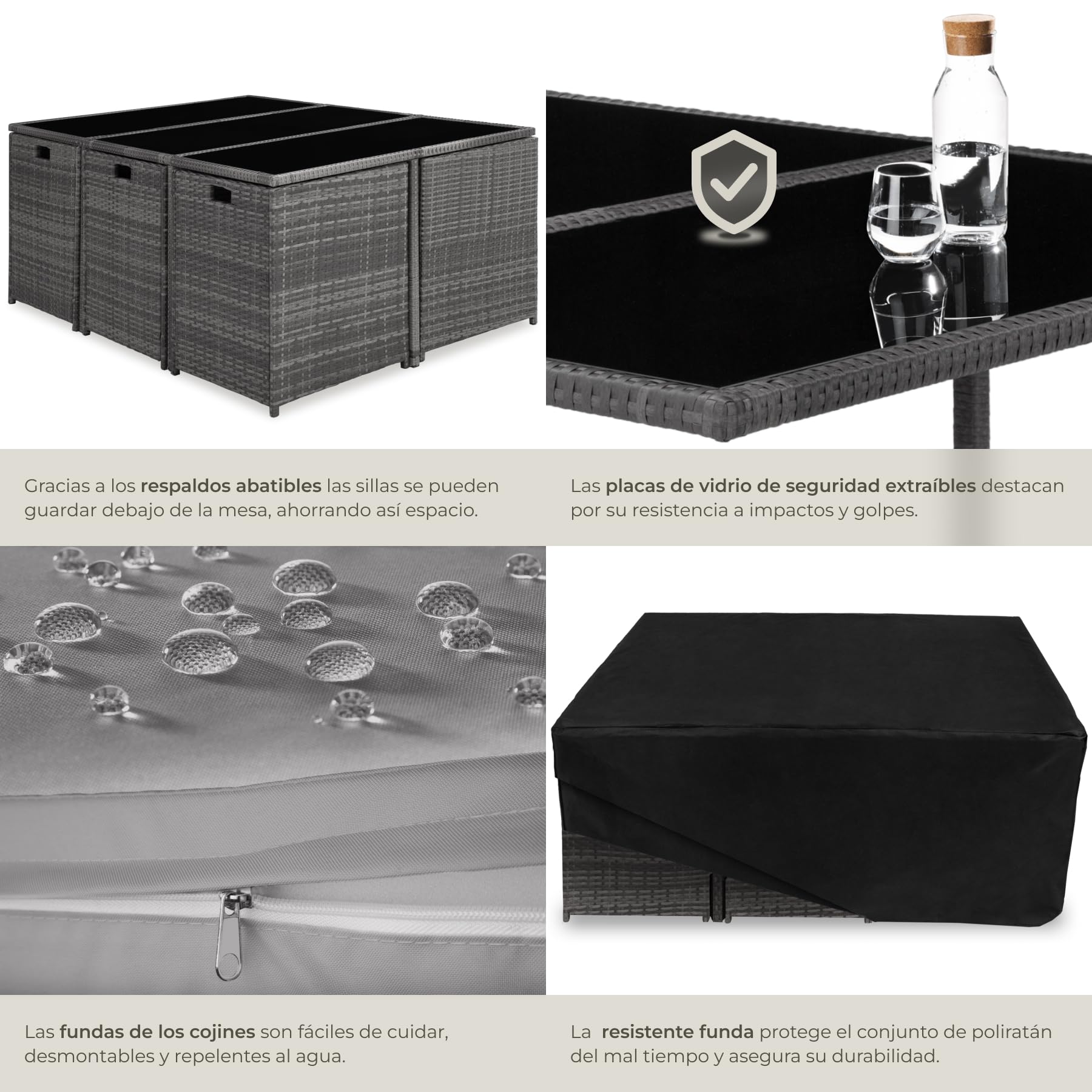 tectake® Conjunto Jardín Exterior de Ratán y Acero, Agrupable en Cubo, Muebles Jardín Exterior Resistente a la Intemperie, para 6-10 Personas, Fundas Extraíbles y Funda Protectora - Gris Claro
