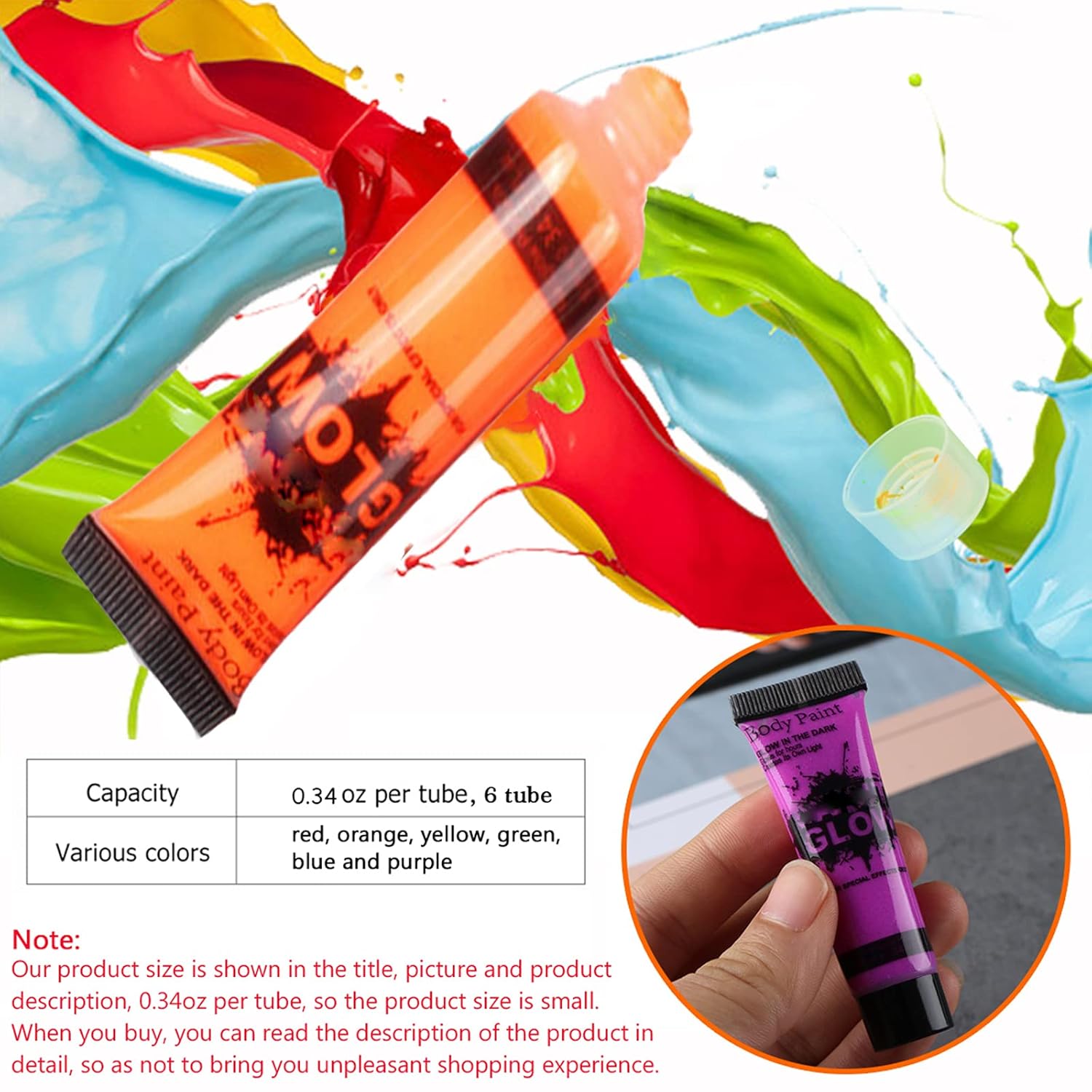 GARYOB Glow in Dark Face Body Paint UV Blacklight Neon Fluorescent 0.34oz Set of 6 Tubes : Beauty & Personal Care