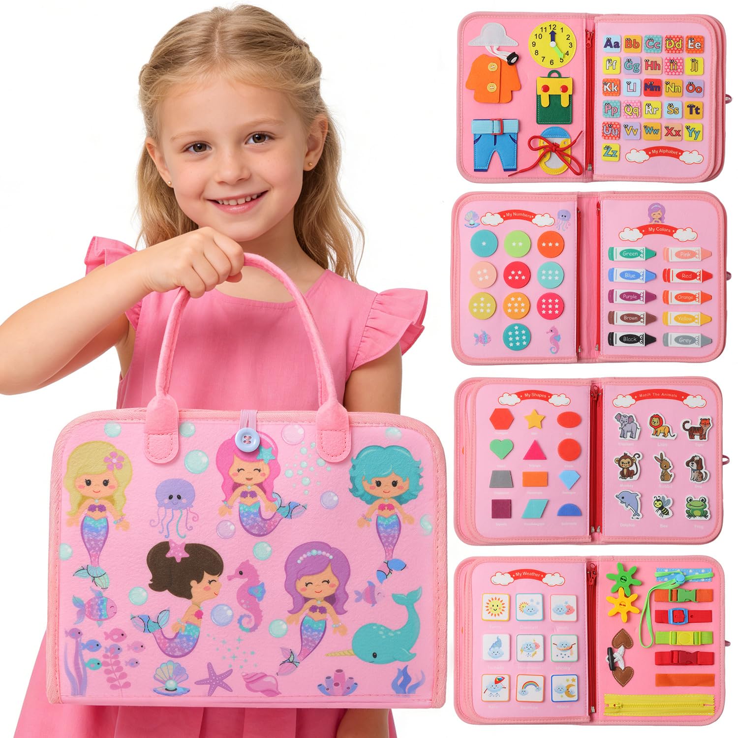 Mermaid Busy Board Giocattoli per ragazze, attività educative sensoriali occupate giocattoli per l'apprendimento delle abilità motorie fini per i più piccoli, attività di viaggio giocattolo