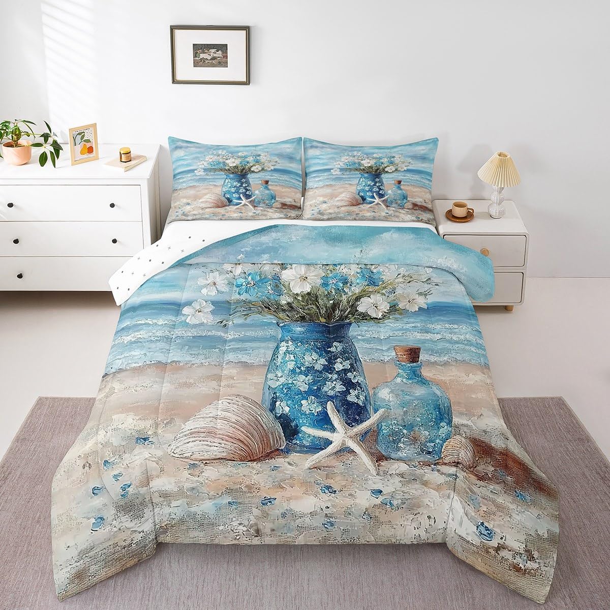 jejeloiu Blue Beach Comforter Set King Size Kids Daisy Flroal Bedding Set for Boys Girls Teens Starfish Coastal Ocean Comforter Breathable Ocean Marine Duvet Set Room Decor Quilt Set