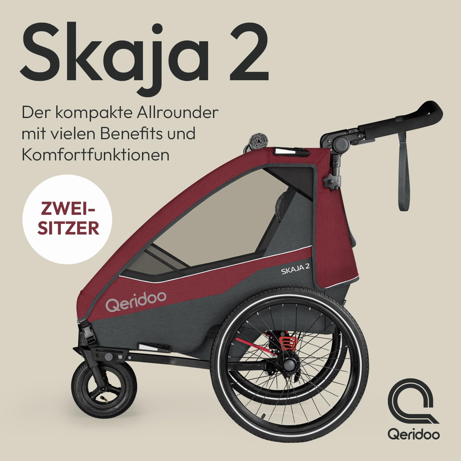 Qeridoo Skaja 2 Cayenne Red | Fahrradanhänger 2 Kinder mit Premium-Federung & 3-in-1-Funktion | Kinderfahrradanhänger & Jogger Kinderwagen | Leichter Fahrrad Anhänger Kinder | Sicher & Komfortabel