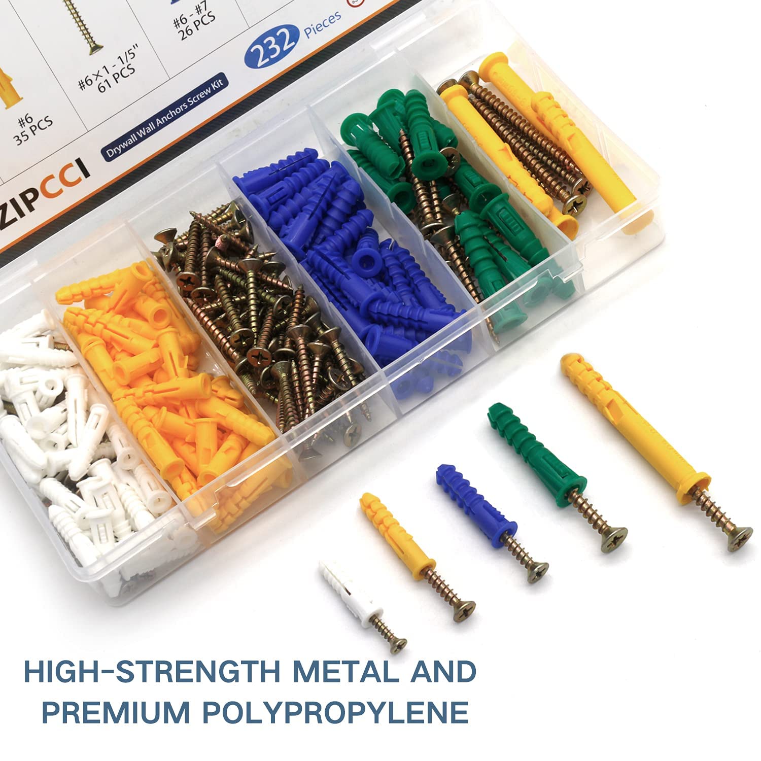 ZIPCCI 232Pcs Drywall Anchors and Screws Kit, Includes 116Pcs Plastic Wall Anchors Set, 116Pcs Wood Screw, Wall Anchors and Screws for Drywall: Industrial & Scientific
