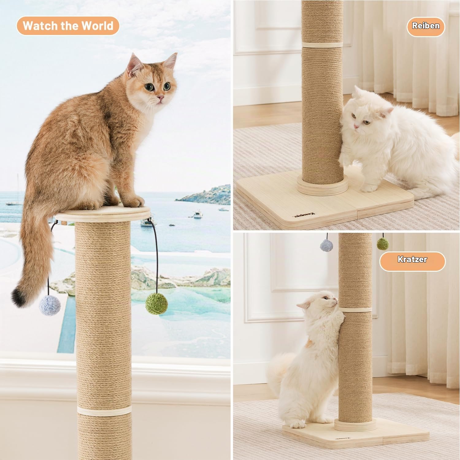 ZOMISIA Kratzbaum für Wohnungskatzen, 88 cm Hoch | Stabiler Sisal-Katzenkratzbaum, 12 cm Dicke Säule, Verstärkter Holzfuß, Hängende Spielbälle