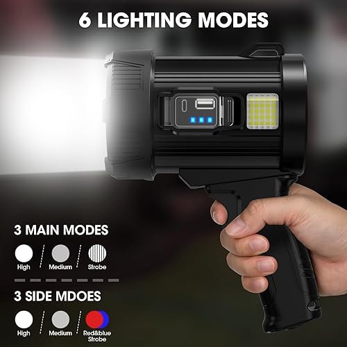Miniatura 5 de Proyector recargable, 99,000 lúmenes, linterna LED de mano súper brillante, luz de punto al aire libre con luz de mazorca y paneles solares para