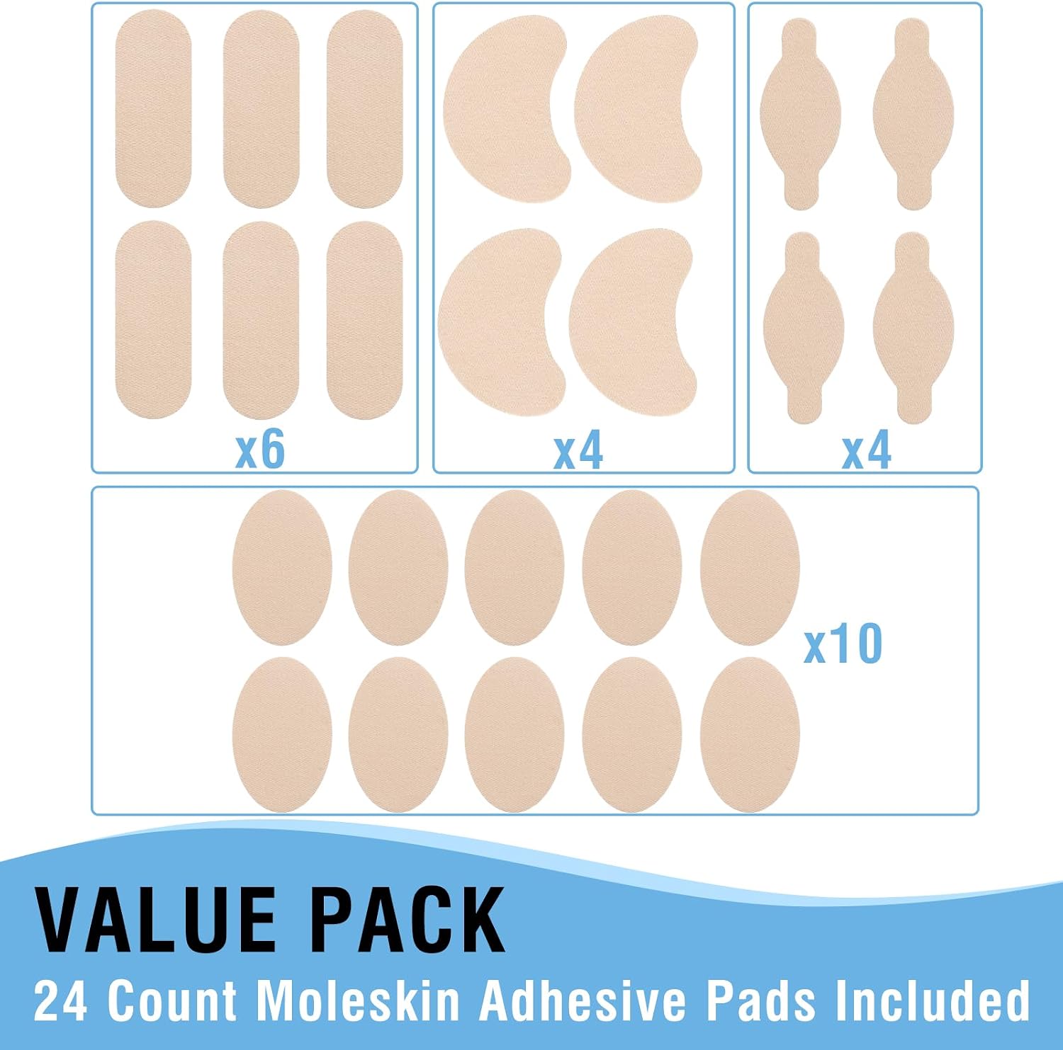 Moleskin Blister Prevention Pads - Mole Skin Patch Adhesive Blister Bandages for Feet, Heels, Toes,Shoes - Reduce Friction Pain - 24 Pieces Moleskin Tapes,Beige)