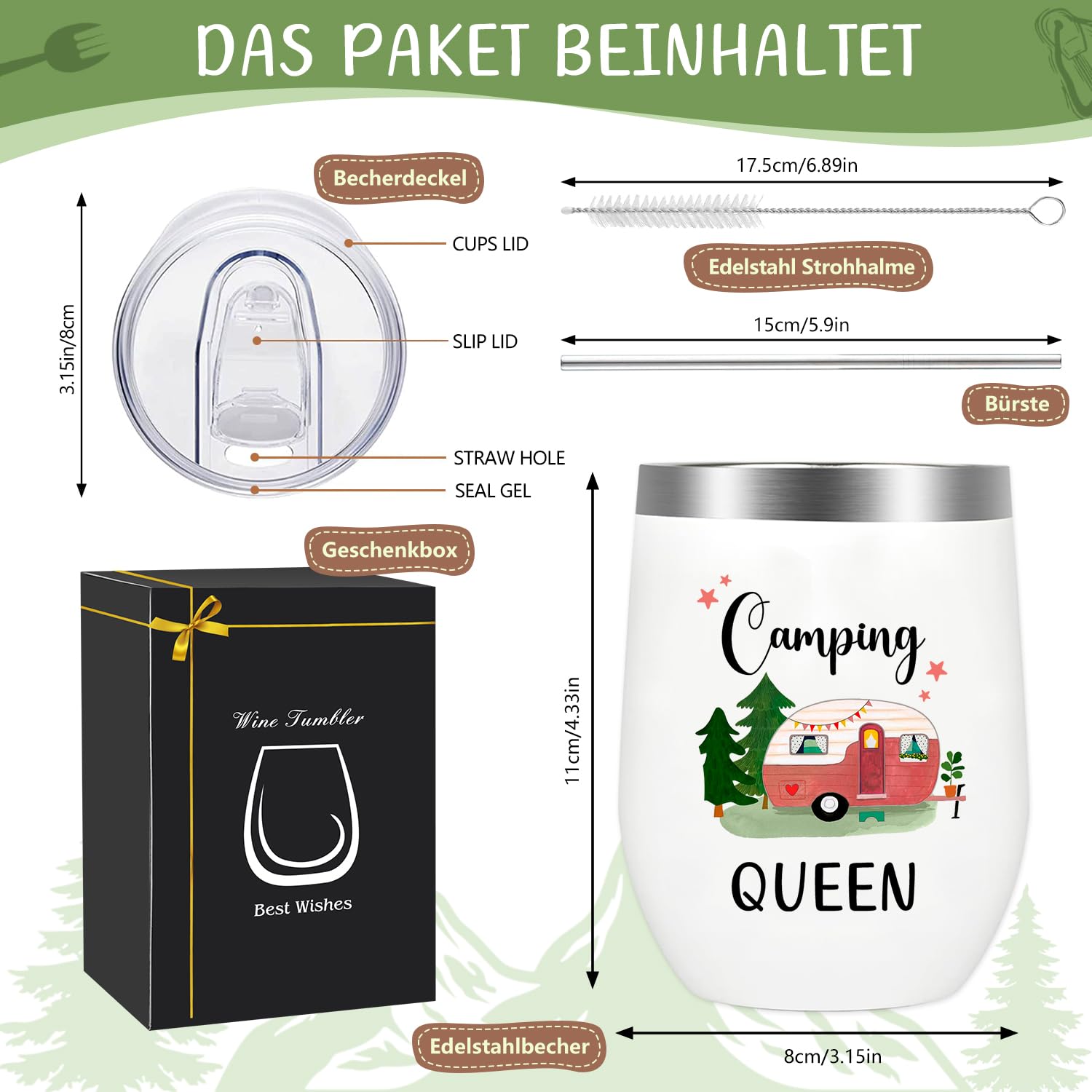Camping Tasse für Frauen, Camping Queen Kaffeebecher, Camper Geschenke - Weinbecher Edelstahl mit Deckel, Stroh und Strohhalmpinsel, Geschenk für Beste Freundin Schwester Womo-Bewohner