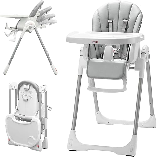 KÜB 3-in-1 Foldable Baby High Chair | Multifunctional Infant High Chairs for Babies and Toddlers | Removable Seat & Tray Easy Clean | 7 Height & 4 Recline Adjustable | 2 Locking Wheels (Grey)