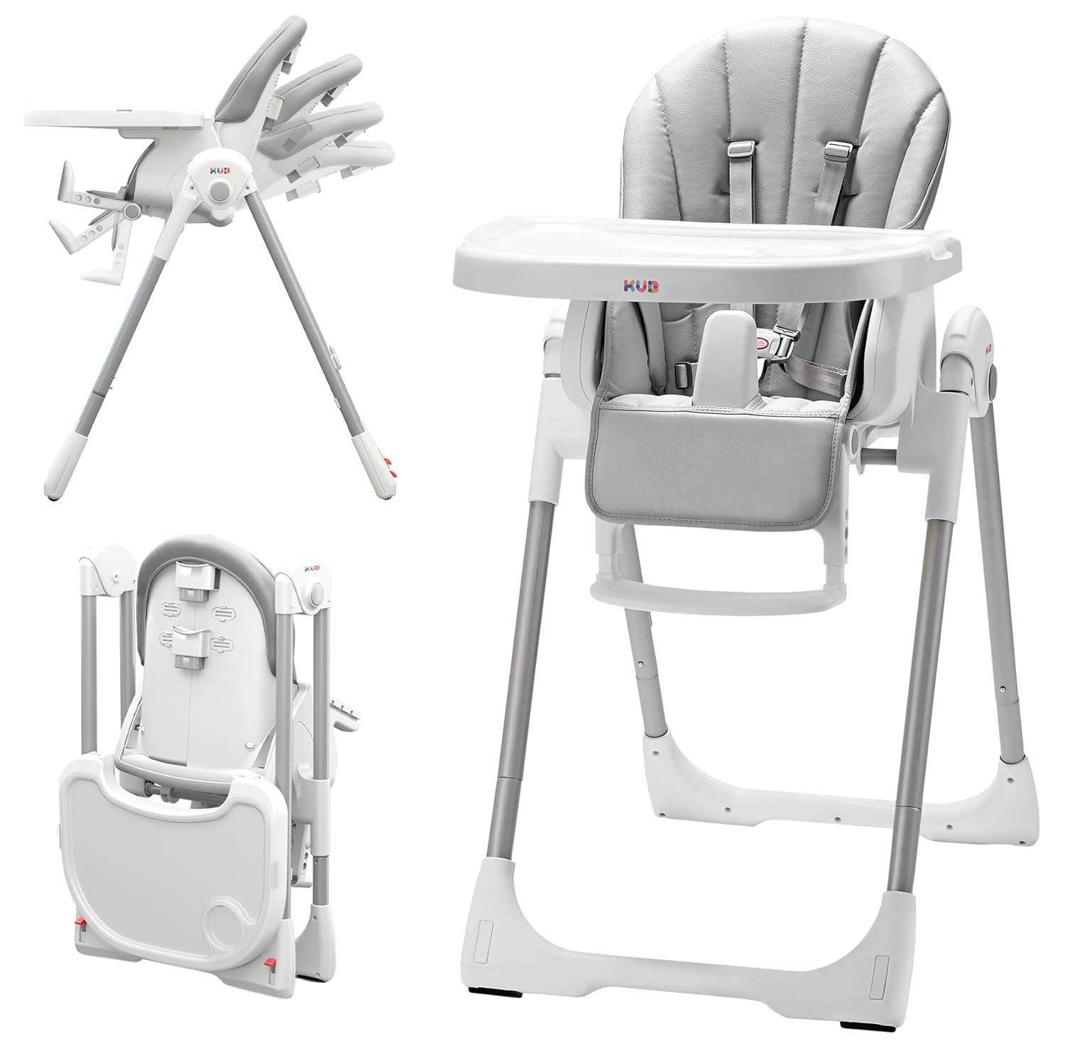 KÜB 3-in-1 Foldable Baby High Chair | Multifunctional Infant High Chairs for Babies and Toddlers | Removable Seat &amp; Tray Easy Clean | 7 Height &amp; 4 Recline Adjustable | 2 Locking Wheels (Grey)