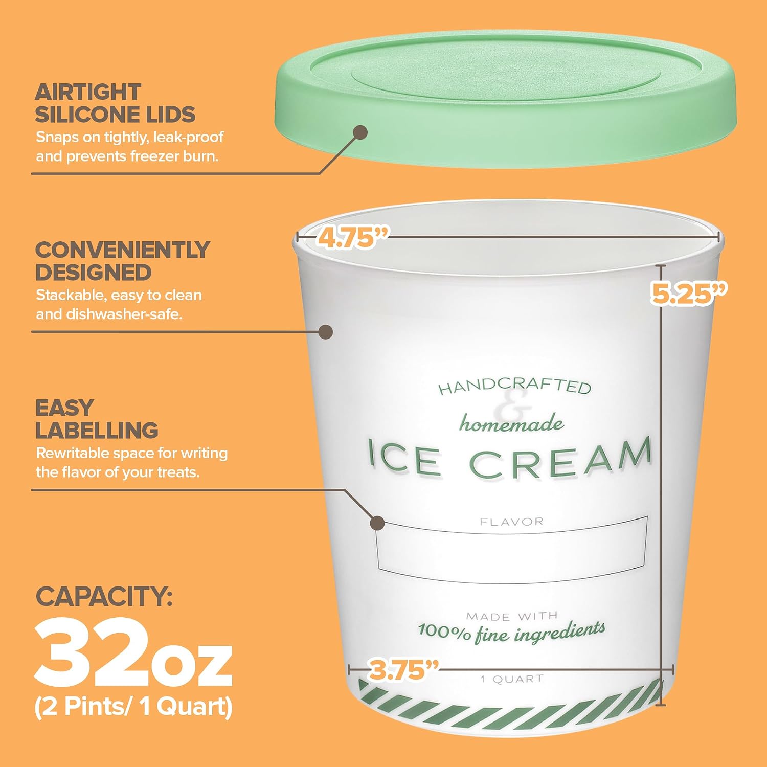 Stock Your Home 32oz Ice Cream Containers with Airtight Silicone Lids (2-Pack) Reusable 2 Pint Ice Cream Container for Storing Gelato, Sorbet, and Frozen Yogurt image 2