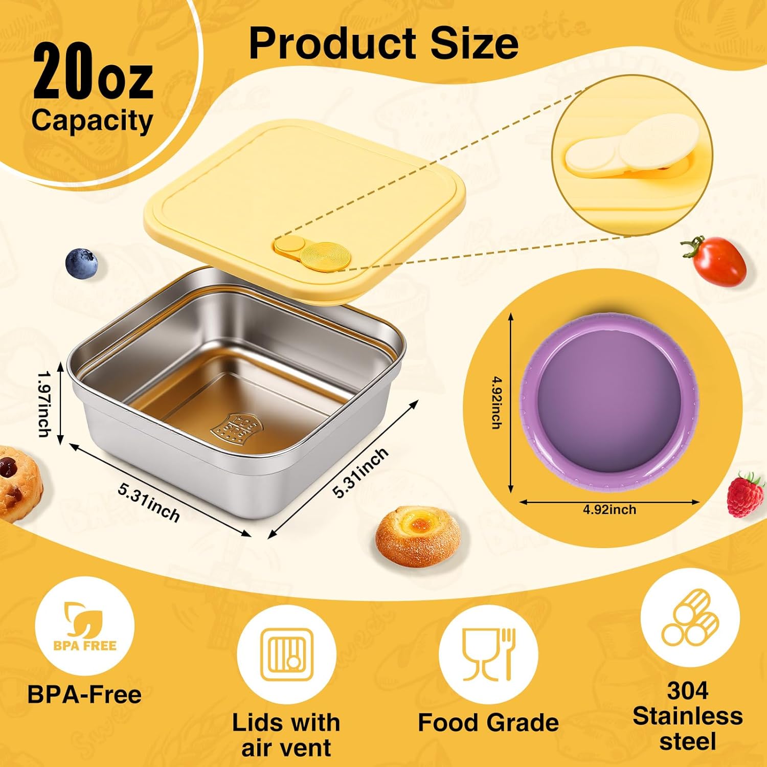 3Pc Sandwich Containers and Fruit Storage Storage, 20oz 304 Stainless Steel Sandwich Box with Lids, Reusable Metal Meal Prep Lunch Boxes, BPA-Free, Food Storage Containers for Snacks & Fruits - Image 2