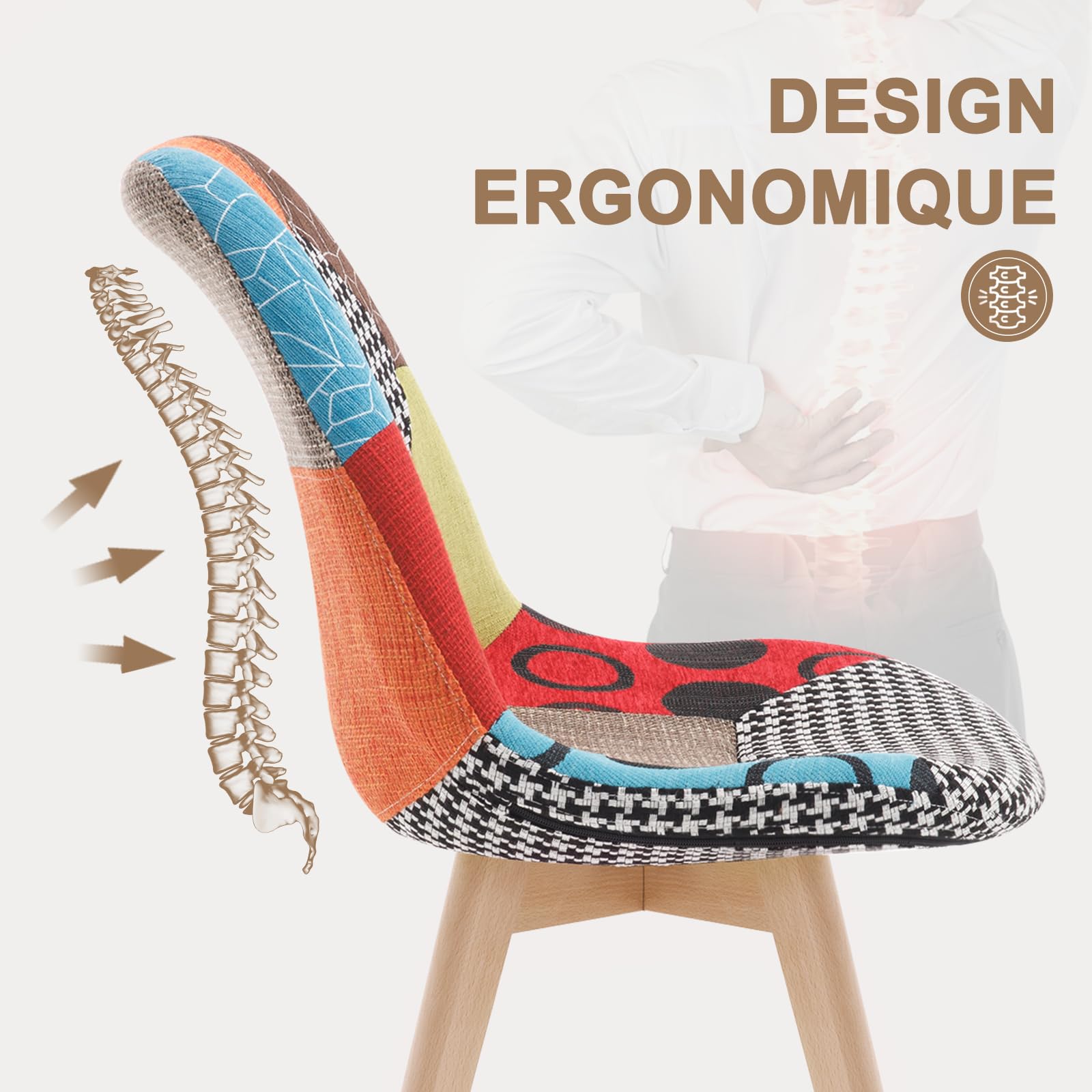 WOLTU 4 X Chaises Salle à Manger, Chaise Patchwork, en Lin + Bois Multicolore BH29mf-4
