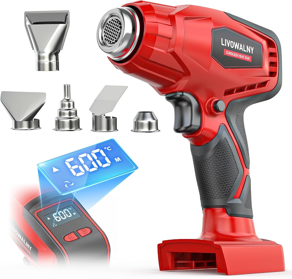 LIVOWALNY Cordless Heat Gun Compatible with Milwaukee 18V Battery | (68°F-1112°F) 600℃ High Power Hot Air Gun& Airflow Control Digital Display for Shrink Wrapping Crafting (Tool Only)