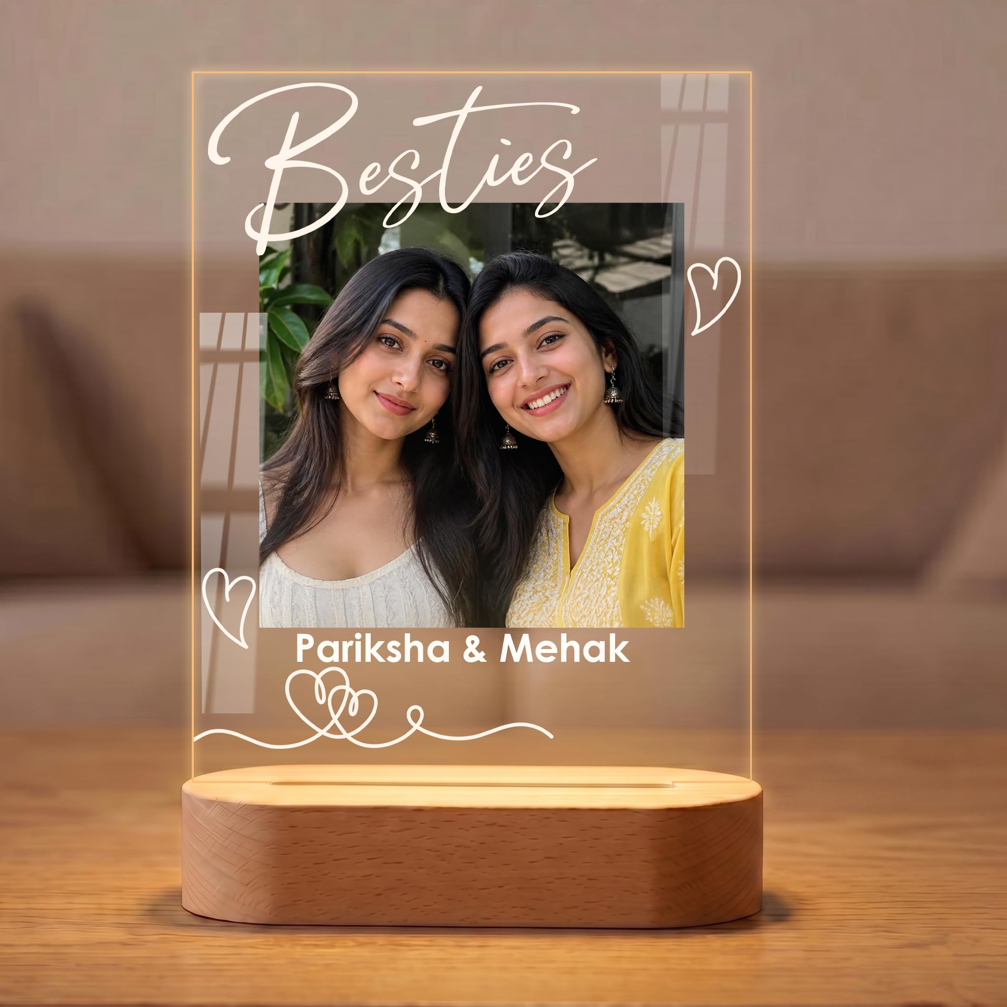Fashionury Besties Personalized Photo LED Lamp with Name – Custom Acrylic Night Light with Wooden Base | Best Friend Gift for Friendship Day, Birthday | BFF Gift for Girls, Women, Sisters (Warm, USB)-image-5