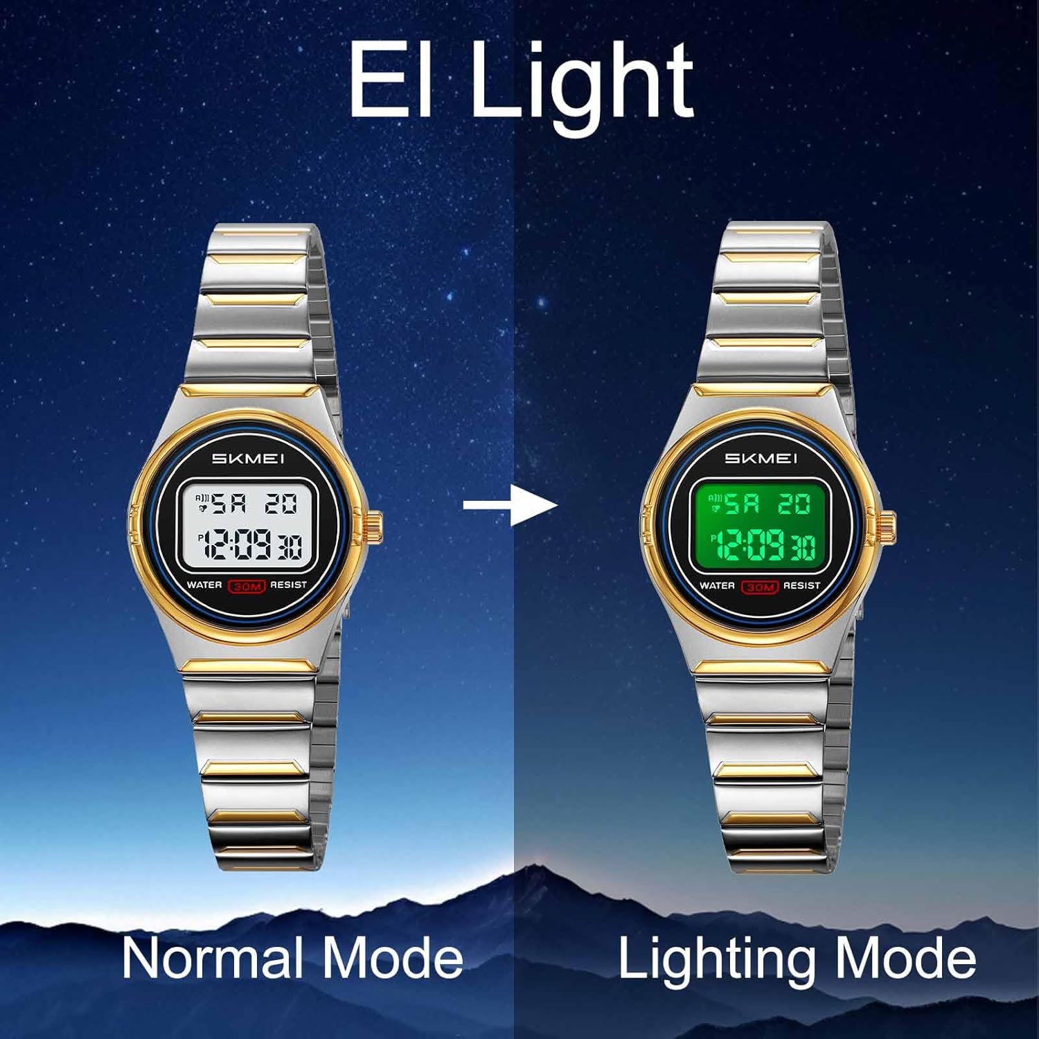 SKMEI Elegant Women's Digital Watches Waterproof Fashion Ladies Stainless Steel Wristwatch with LED Light Alarm