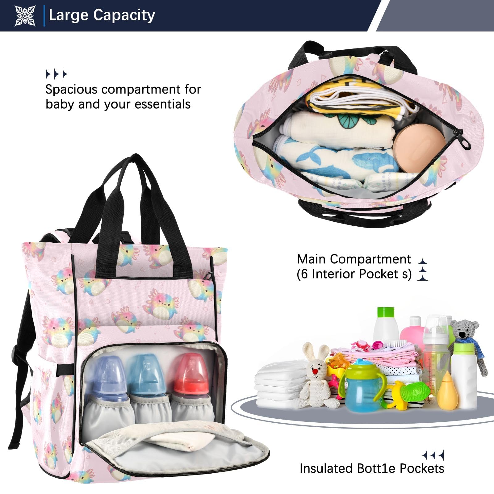 Mnsruu Borsa per pannolini per bambini con motivo Axolotl colorato zaino grande borsa impermeabile da viaggio borse per pannolini per mamme e papà