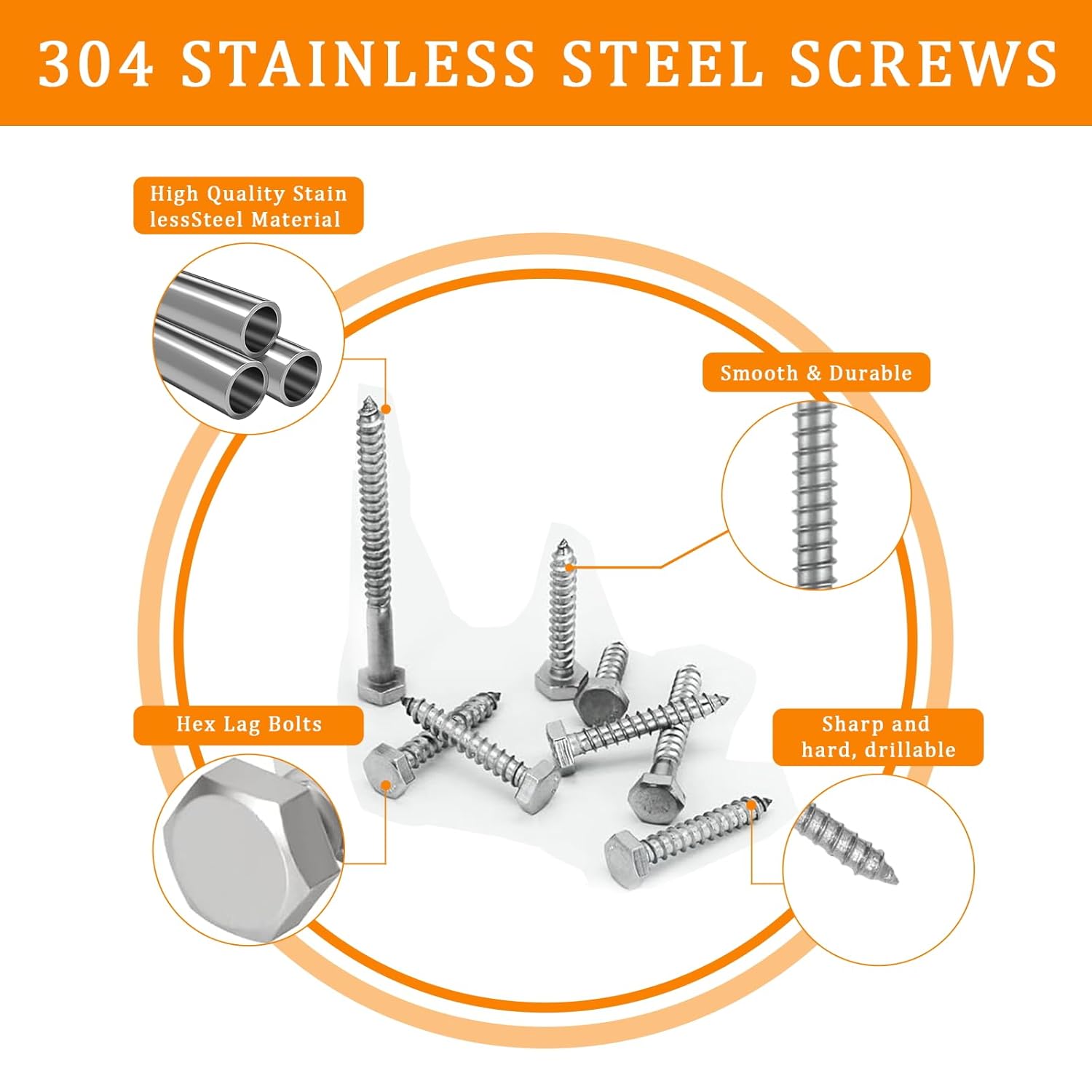 80 Pcs Stainless Steel Lag Bolts, M6 Heavy Duty Hex Head Lag Screws, Hexagonal Head Wood Screws, Partial Threaded Design, M6 x 30/40/50/60/80/90mm