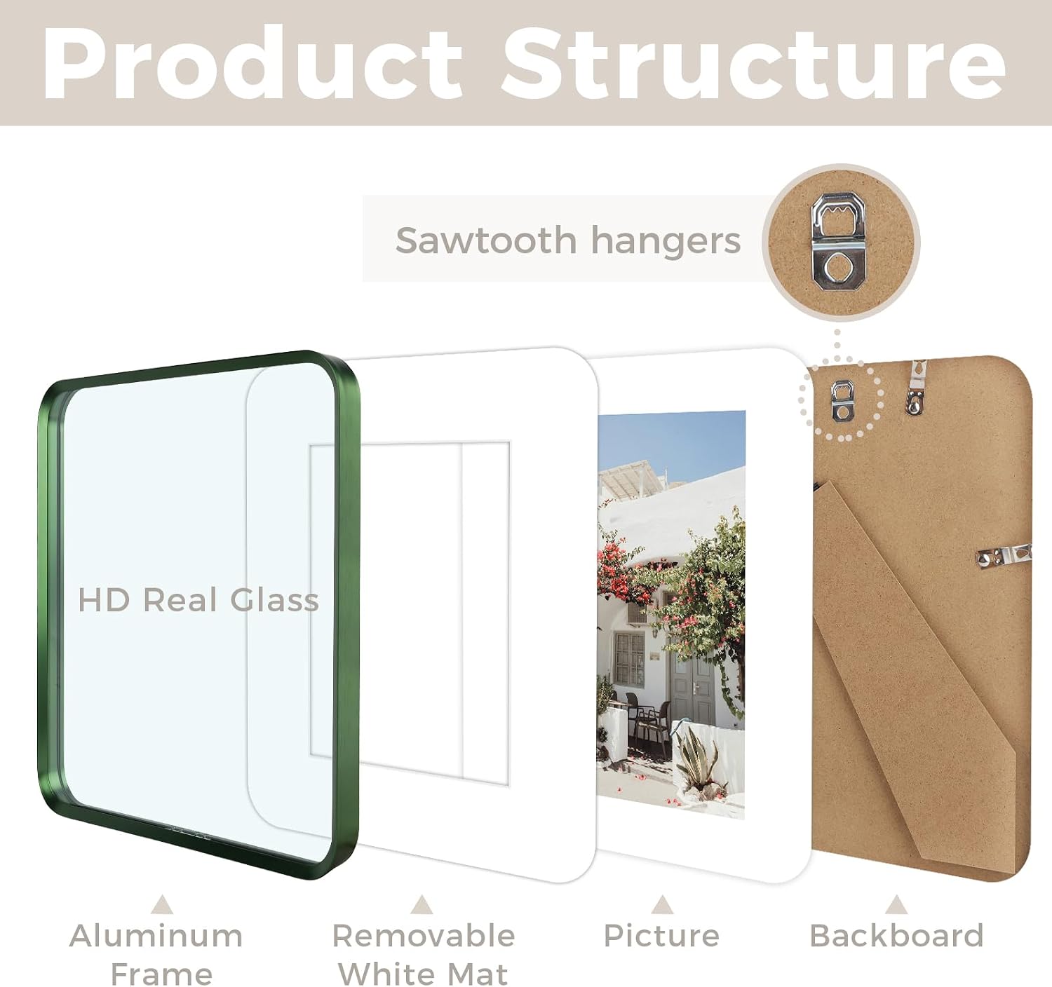 Golden State Art 12x12 Aluminum Picture Frame Green - With Mat for 8x8 Photo or Without Mat for Round Edges 12 x 12 Photo with 1-inch Radius Corner - Real Glass - Matte Modern Wall Decor
