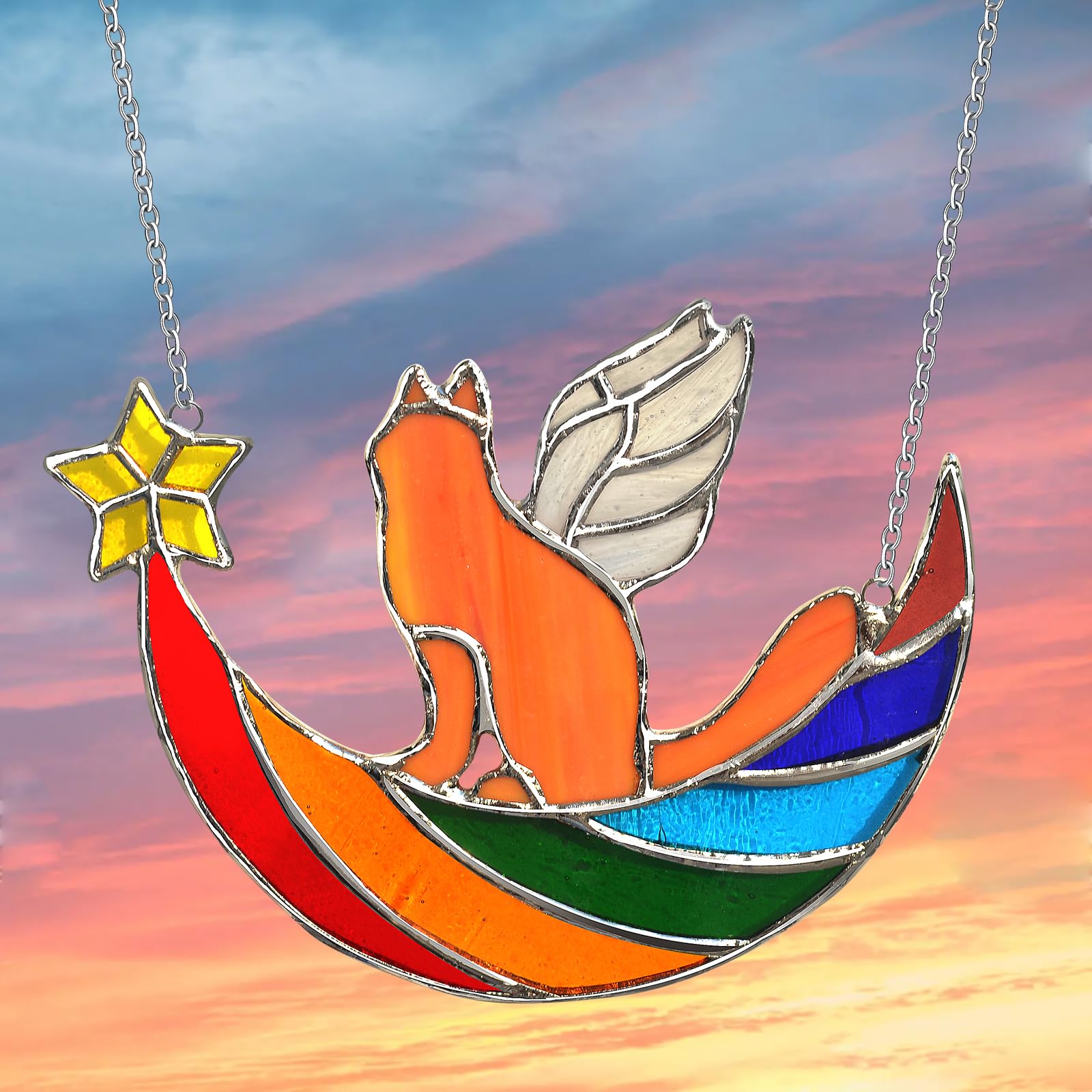 ZallDoli Cat Memorial Gifts for Loss of Cat?Orange Angel Cat on Rainbow Bridge pet Memorial Gifts, Stained Glass Window Cat Gifts for Cat Lovers,Loss of Cat Sympathy Gift Whimsigoth Home Decor
