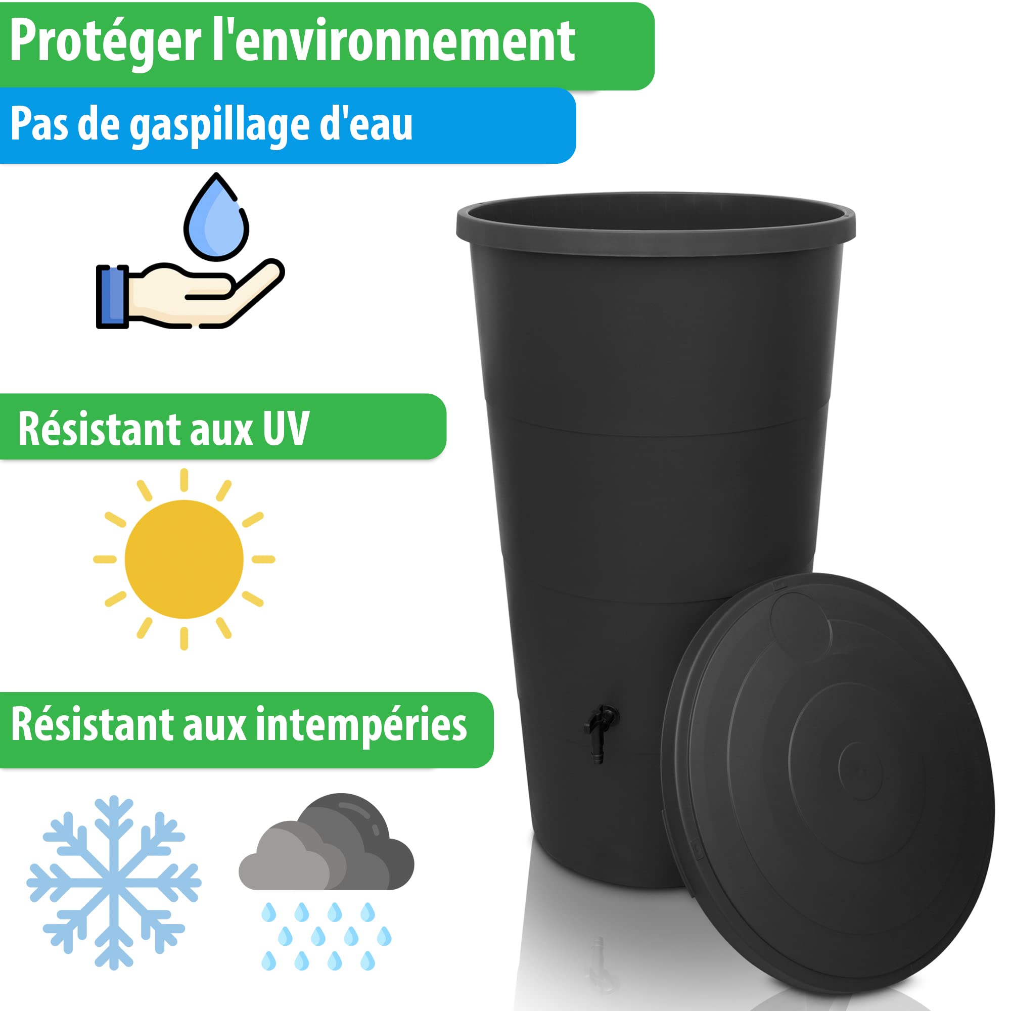 YourCasa récupérateur Eau de Pluie 200 litres [avec collecteur de Pluie] - avec raccord de Tuyau de Descente – Récupérateur Eau de Pluie avec Robinet - Reservoir Eau de Pluie (Anthracite, 200L)