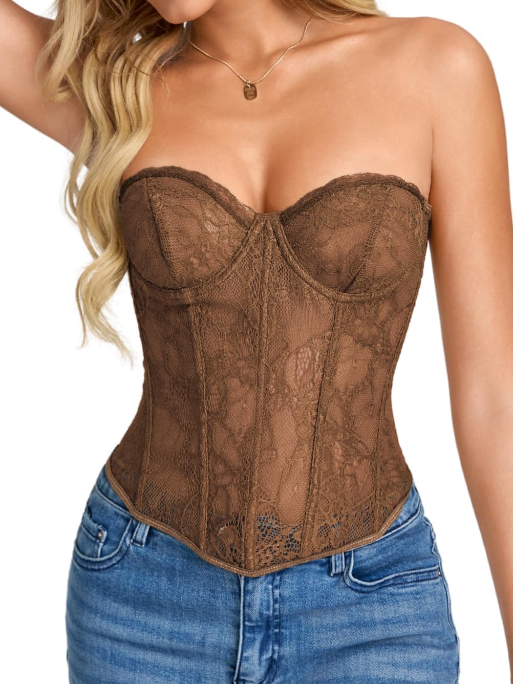 ChiaoLezhee Women's Floral Lace Sheer Mesh Strapless Corset Top