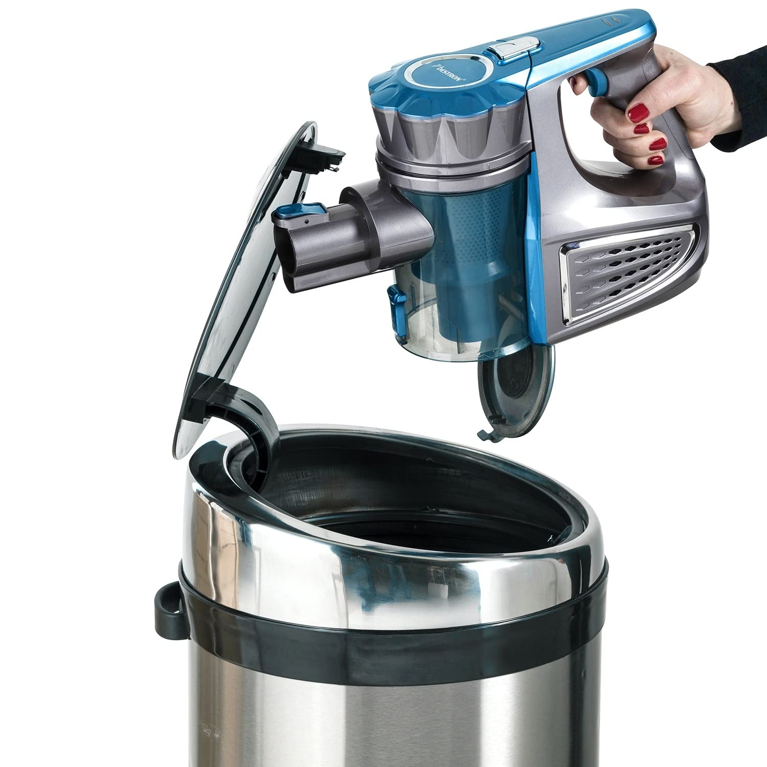 Bestron Aspiradora de Mano Inalámbrica con Tubo Telescópico, Sin Bolsa, Capacidad: 0,6 L, 120 Vatios, Azul/Gris