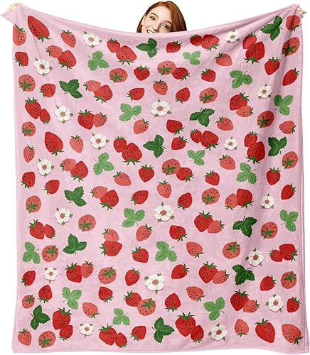 Zzkol Pink Strawberry Flannel Throw Blanket, Red Pink Fruit Floral Birthday Gift