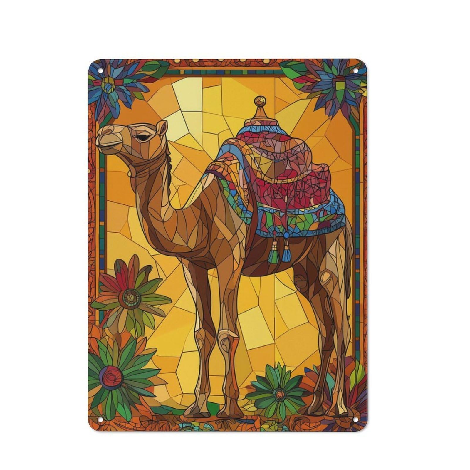 Junmoney Style-7 Camel Stained Glass Art Printed Metal Sign 40X30cm For Café Or Home Bar, For Kitchen And Home Bar Decor, For Cafés, Pubs And Restaurants