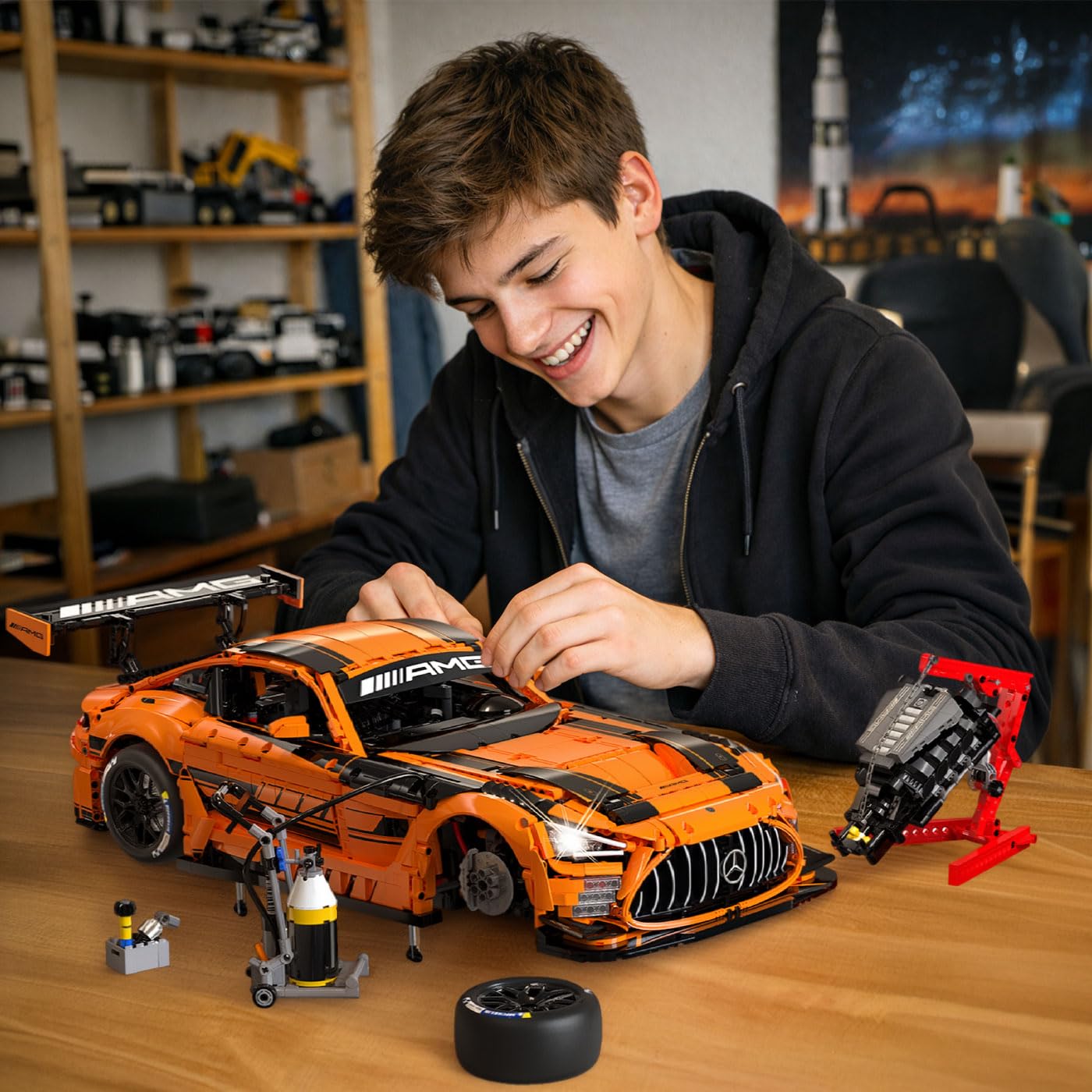 JAMARA 402899 CADA Mercedes-AMG GT3 1:8 arancione 2,4 GHz mattoncini RC mattoncini a incastro auto da corsa modello kit di costruzione telecomandato tecnica idea regalo