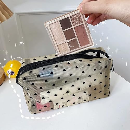 Miniatura 6 de MHDGG Bolsas de maquillaje de malla con estampado de corazón, bolsas de cosméticos de malla para mujeres, mini bolsas de malla con cremallera, bolsa