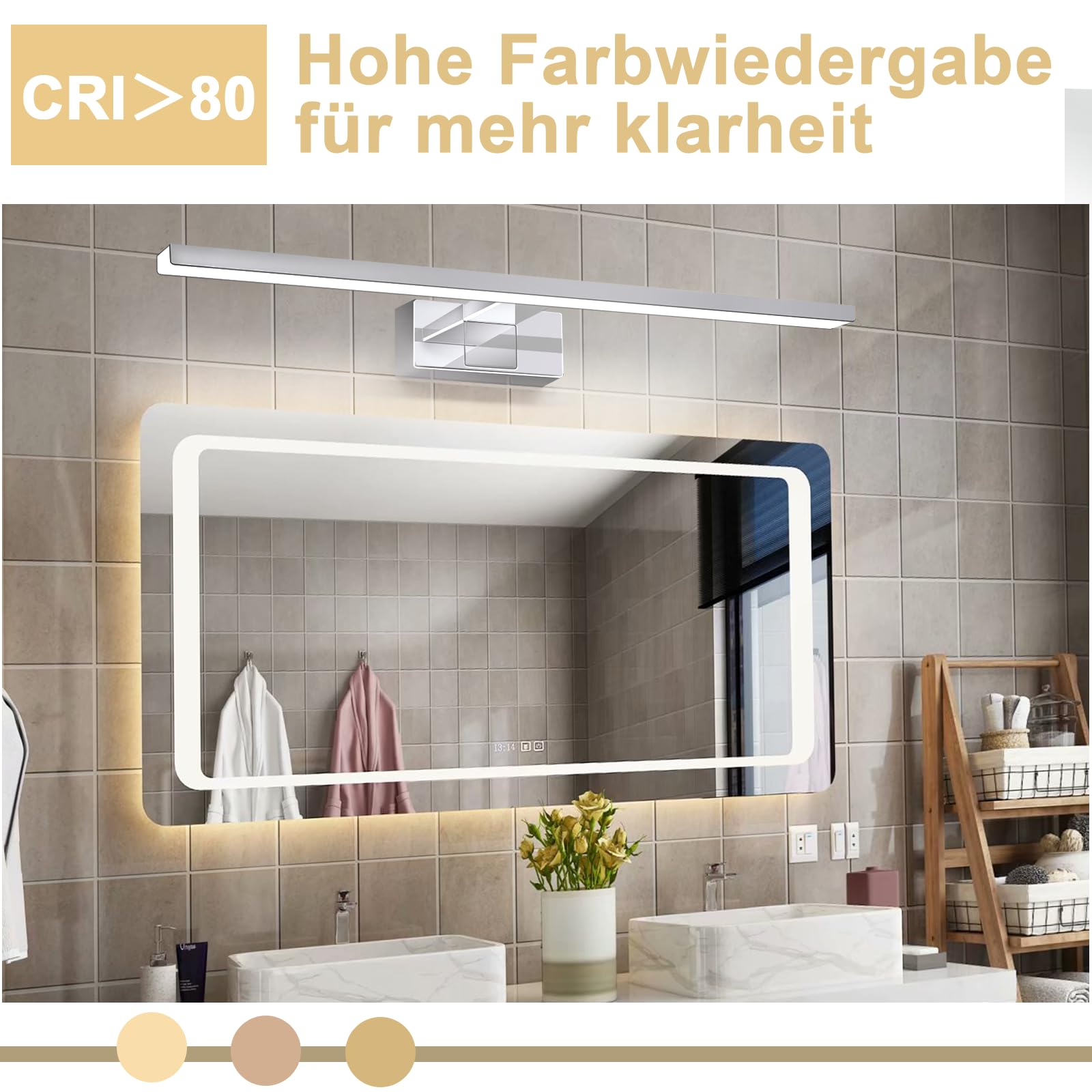 Homefire LED specchio luce bagno lampada specchio 12W bagno luce parete | 60CM impermeabile IP44 cromo moderno neutrobianco 4000K lampada da parete per seminterrato cucina