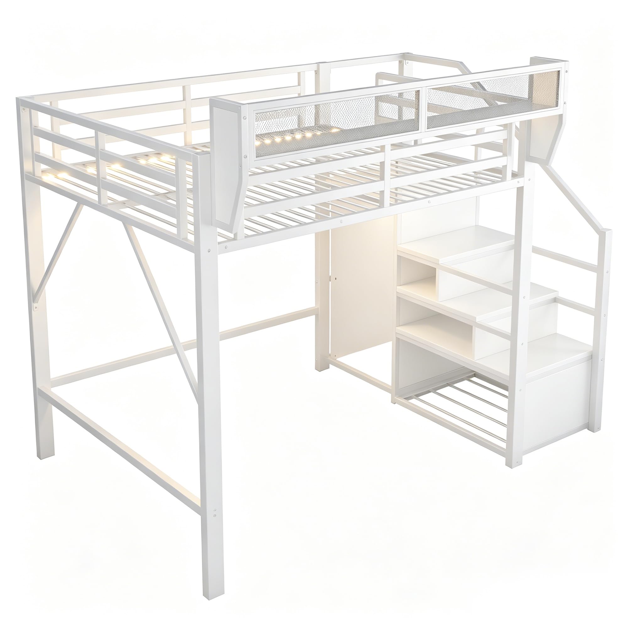 Moimhear Cama alta de hierro, con escalera de seguridad y espacio de almacenamiento flexible, cama de metal, cama para adultos (blanco, 140 x 200 cm)