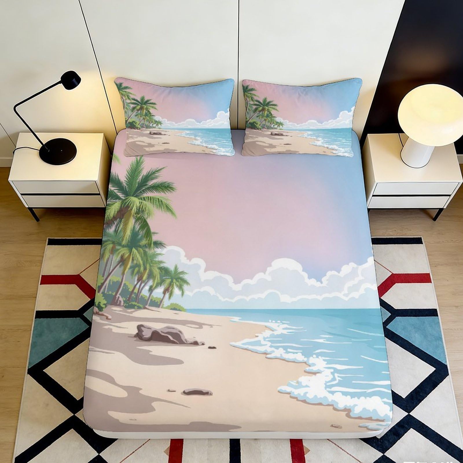 3D Printed Beach Sunset Fitted Sheet Microfiber Soft Palm Coast Mattress Cover for Bedroom Guest Room Decor 120x200x25cm
