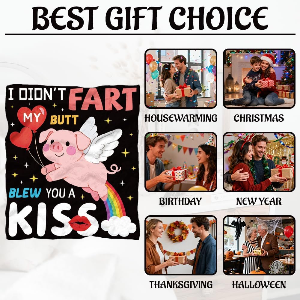 WADORN Funny Pig Throw Blanket, Cozy Soft Cute Rainbow Flying Pig Throw Blanket Fuzzy 500GSM Flannel Fleece Blankets Plush Kiss Pigs Lover Gifts for Office Living Room Sofa Bed Couch Chairs, 59x51Inch