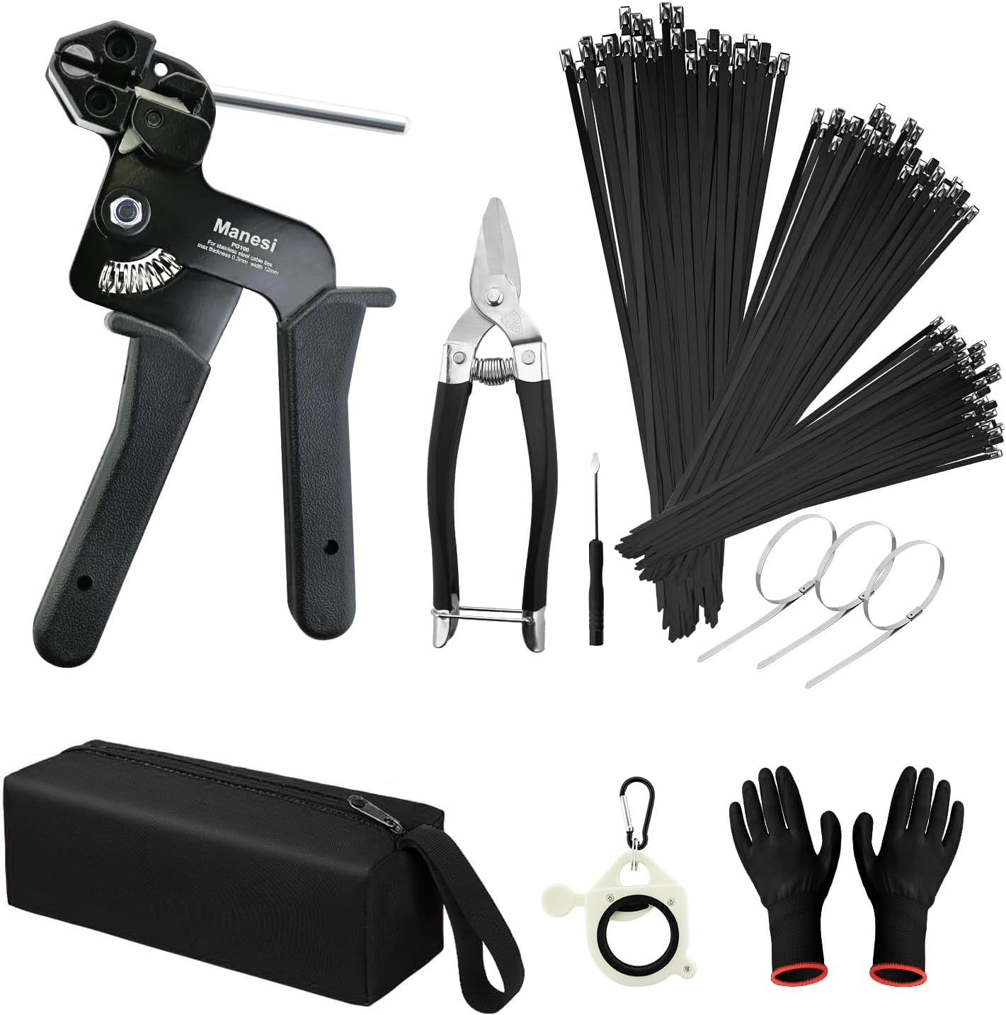 Stainless Steel Cable Tie Gun with 150 Pcs (50 Each: 8/12/16 Inch) Metal Zip Ties Tool, Heavy Duty Self-locking Cable Tie Gun Kit for Fastening and Cutting Fence Exhaust Pipe Outdoor