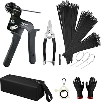 Stainless Steel Cable Tie Gun Kit,150pcs Uv Resistant Black Metal Zip Ties Heavy Duty Outdoor Adjustable Fastening Cutting Tie Tool Sets,for Chainlink Fence