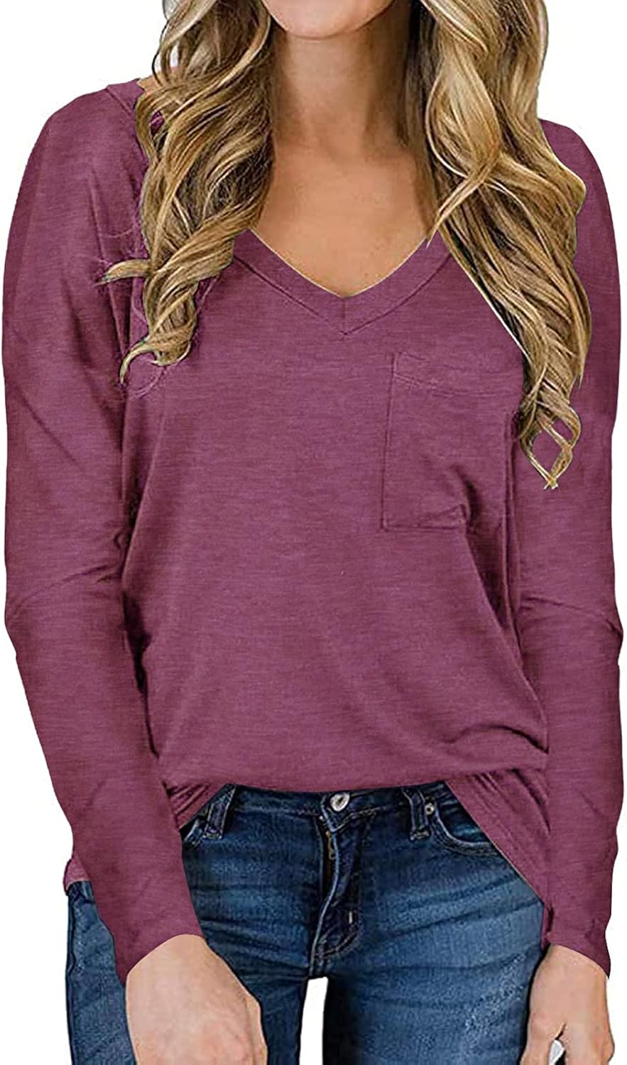 HOOYON Long Sleeve Shirts for Women Fall Basic Tops Casual Loose Fit Tee with Front Pocket : Sports & Outdoors