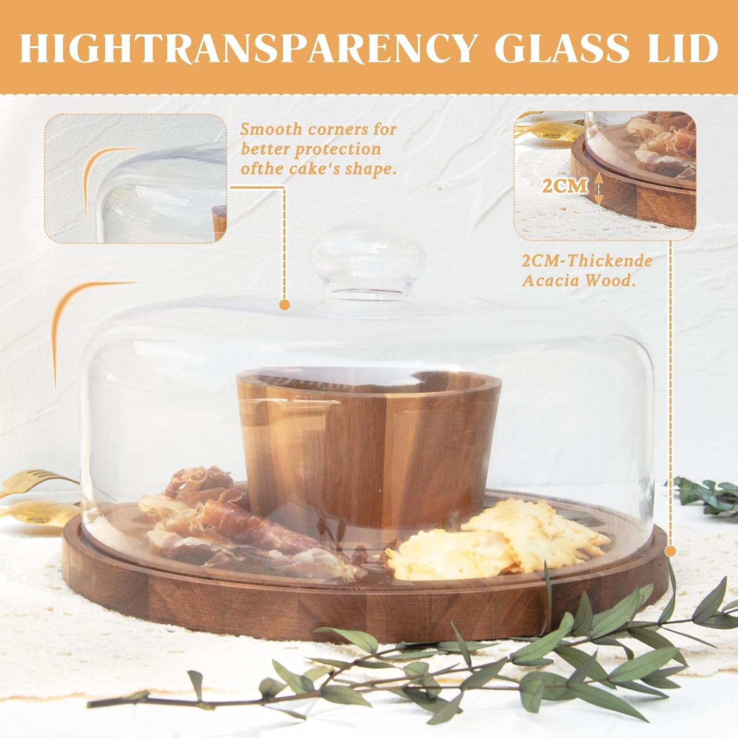 12-Inch Acacia Wood Cake Stand with Lid, Glass Cake Stand with Dome, Round Cake Holder, 2-in-1 Dessert Table Display Set, Charcuterie Board for Cheese, Chips & Dips, Fruit Platter