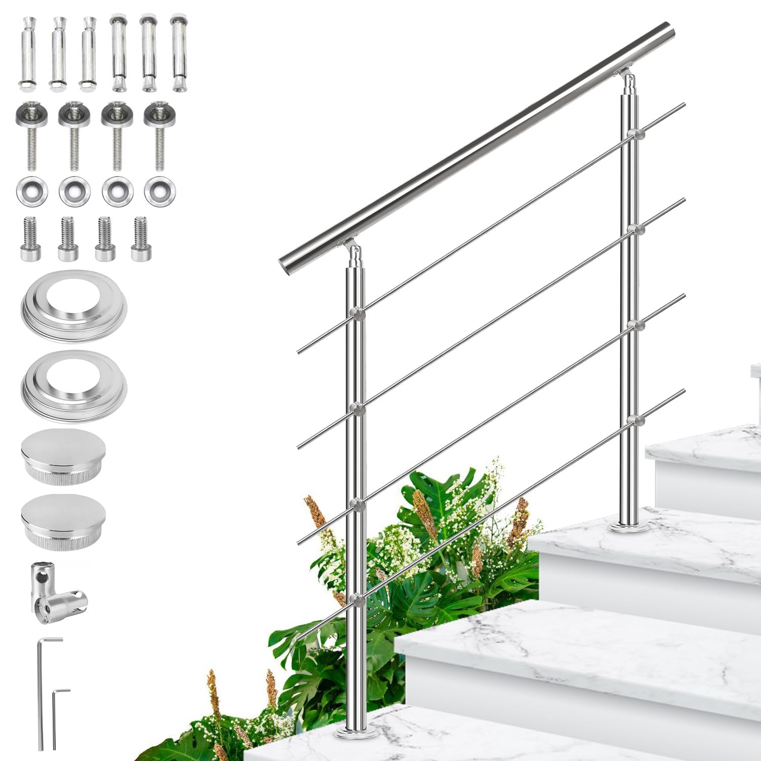 Fiqops Corrimano in acciaio inox, Ringhiera per scale esterni e interni 100 cm con 4 barre trasversali Ø 42 mm regolabile ad angolo per scale, giardino, ingresso casa, parapetto