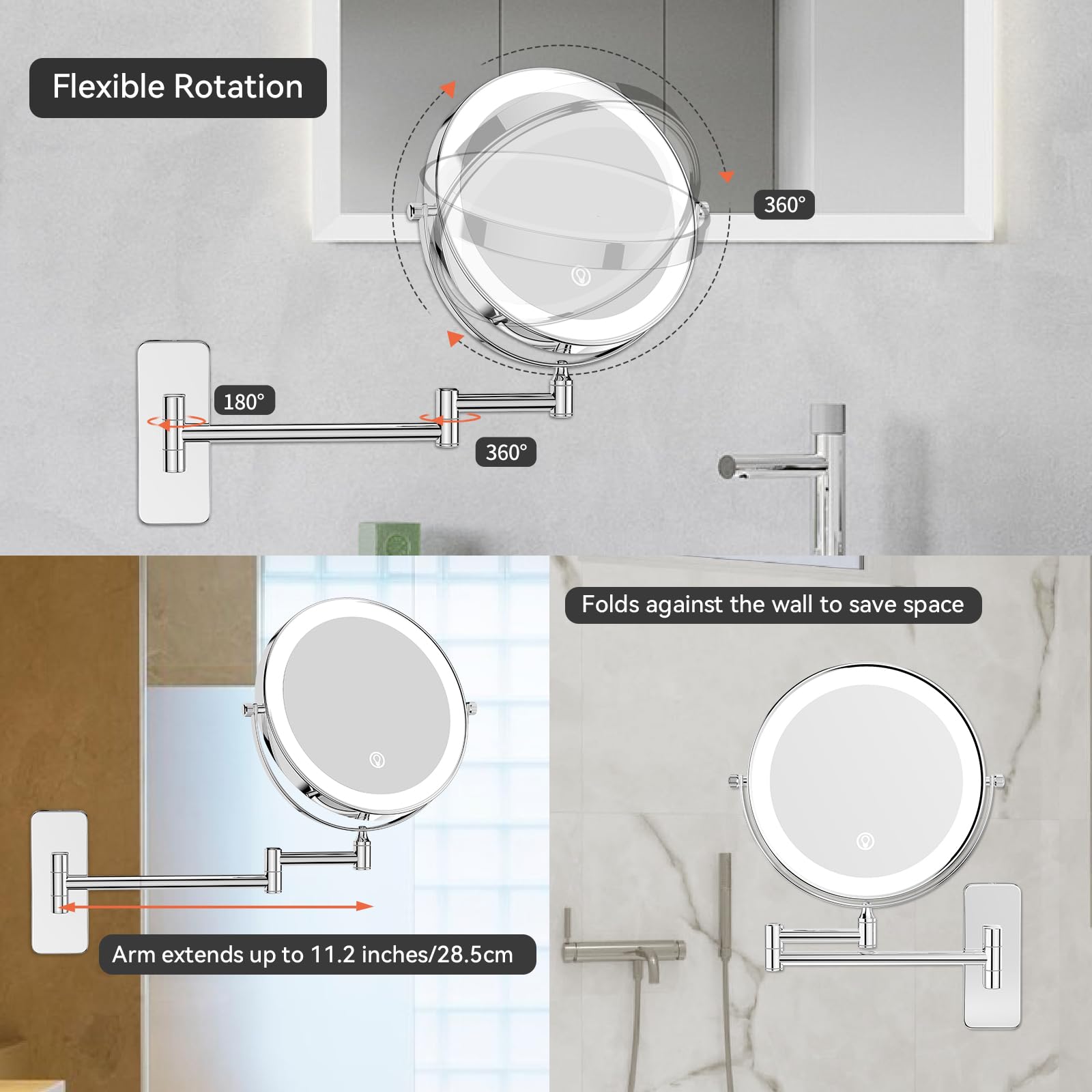 Nicesail Specchio da parete per cosmetici con illuminazione e ingrandimento 10x - Ricaricabile - Luce a 3 colori - Luminosità regolabile - Controllo touch - Cromo - Specchio da bagno a ingrandimento