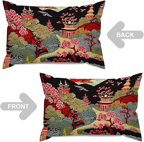 Miniatura 10 de ArogGeld Funda de cojín lumbar con diseño de pagoda roja y negra, diseño de acuarela con flores de acuarela asiática, azul oscuro y rojo, funda de