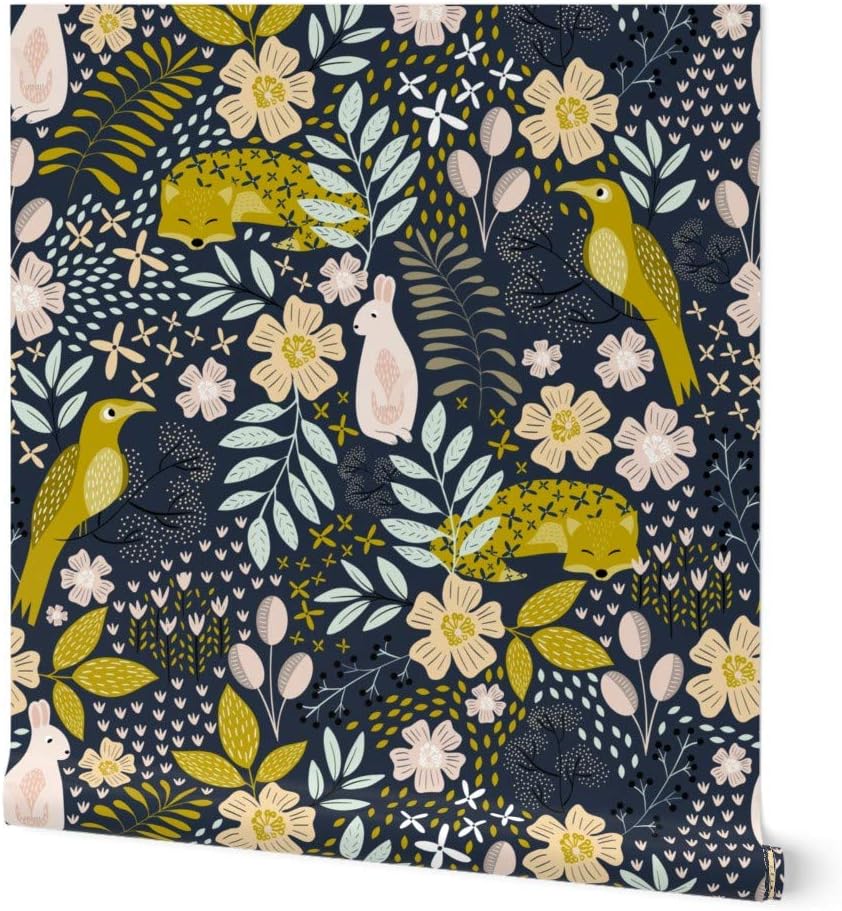 Spoonflower Peel & Stick Wallpaper 9ft x 2ft - Woodland Flora Blush Mint Animals Botanical Floral Rabbit Fox Custom Removable Wallpaper
