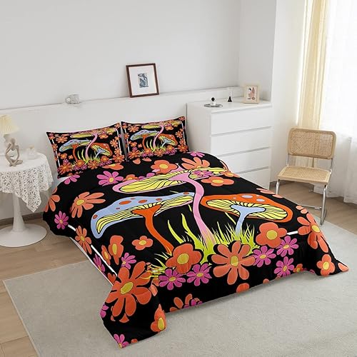 Miniatura 2 de Groovy - Juego de edredón de flores para niñas y niños, edredón retro floral bohemio con hongos de los años 70, juego de ropa de cama de flores