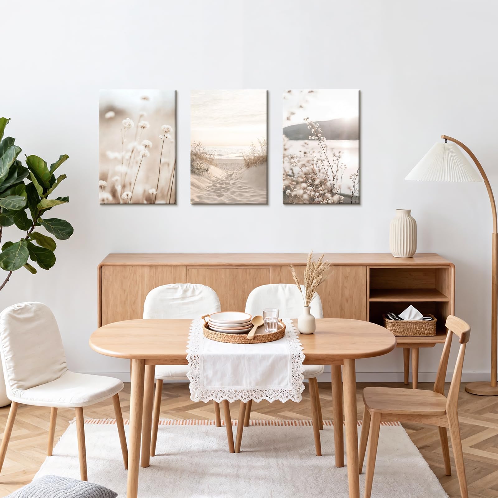WENGTIAO 3 Stück Boho Beige Landschaft Leinwand Bilder Kunstdrucke Gerahmt, Minimalistische Blumen Strand Küsten Gemälde auf Leinwand, Wandbilder für Modern Wanddeko Wohnzimmer Schlafzimmer 40x60cmx3